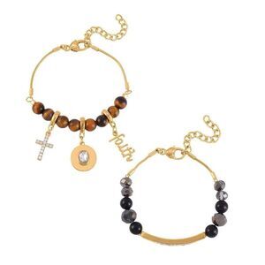 Black Agate Tiger's Eye and Multi Gemstone Set of 2 Faith Adjustable Bracelets